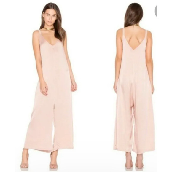 Lacausa Women M Jumpsuit Romper Satin V Neck Wide Leg Pink Rose - Picture 1 of 10